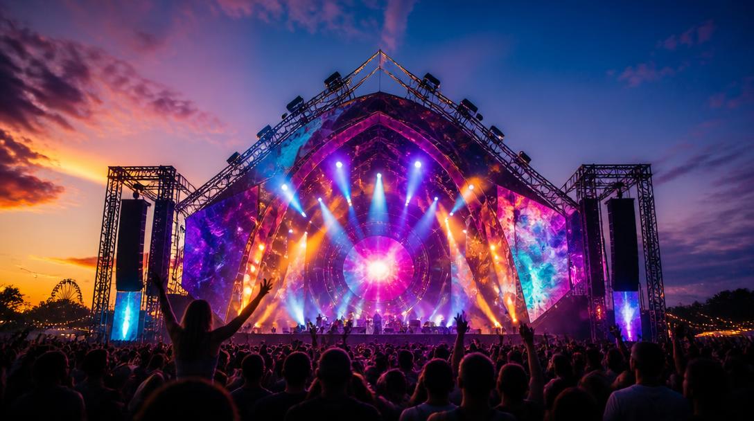 Grote festivalmainstage bij zonsondergang